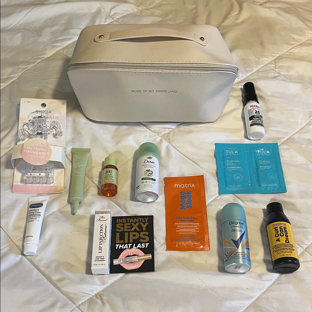 White Cosmetic Bag with Skincare, Haircare, and Beauty Products